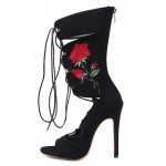 Black Suede Red Embroidered Rose Booties Stiletto High Heels Sandals Shoes